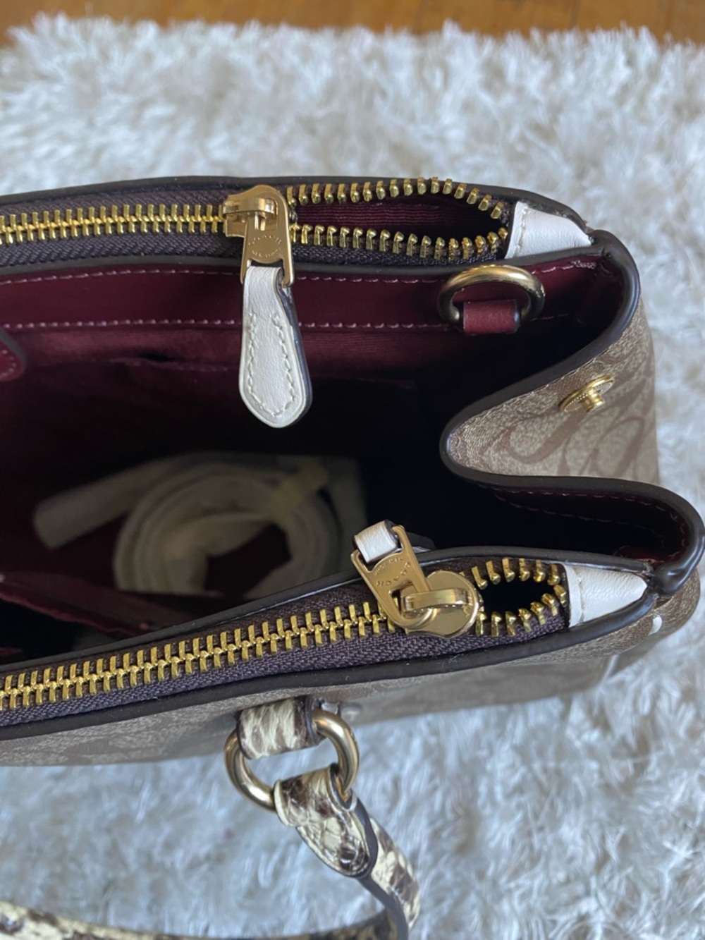 Coach Brown Signature Canvas Satchel with Snake-Print Handles and Gold Hardware - Picture 11 of 12